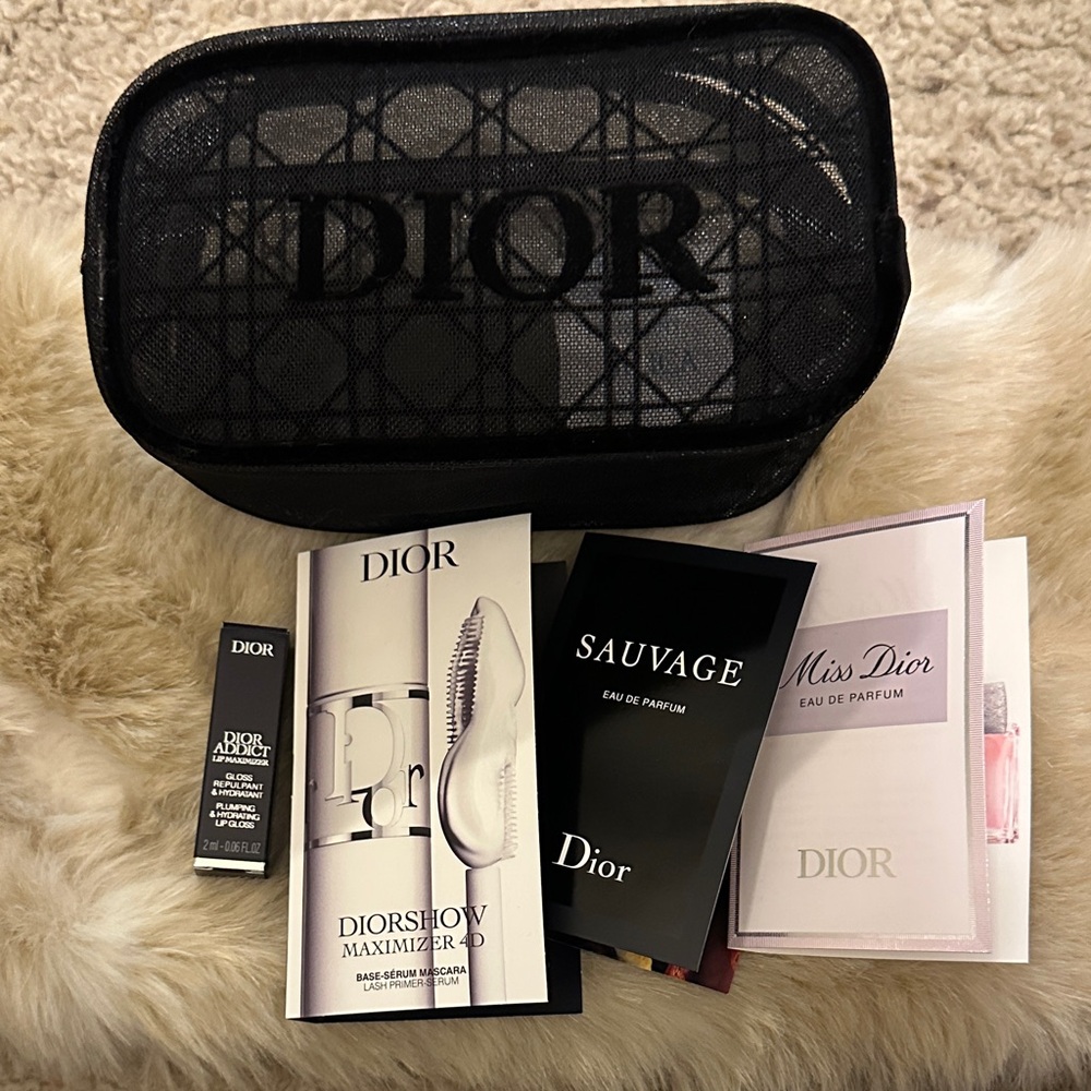 Dior Black Mesh Bag with Fragrance Collection and lip gloss
